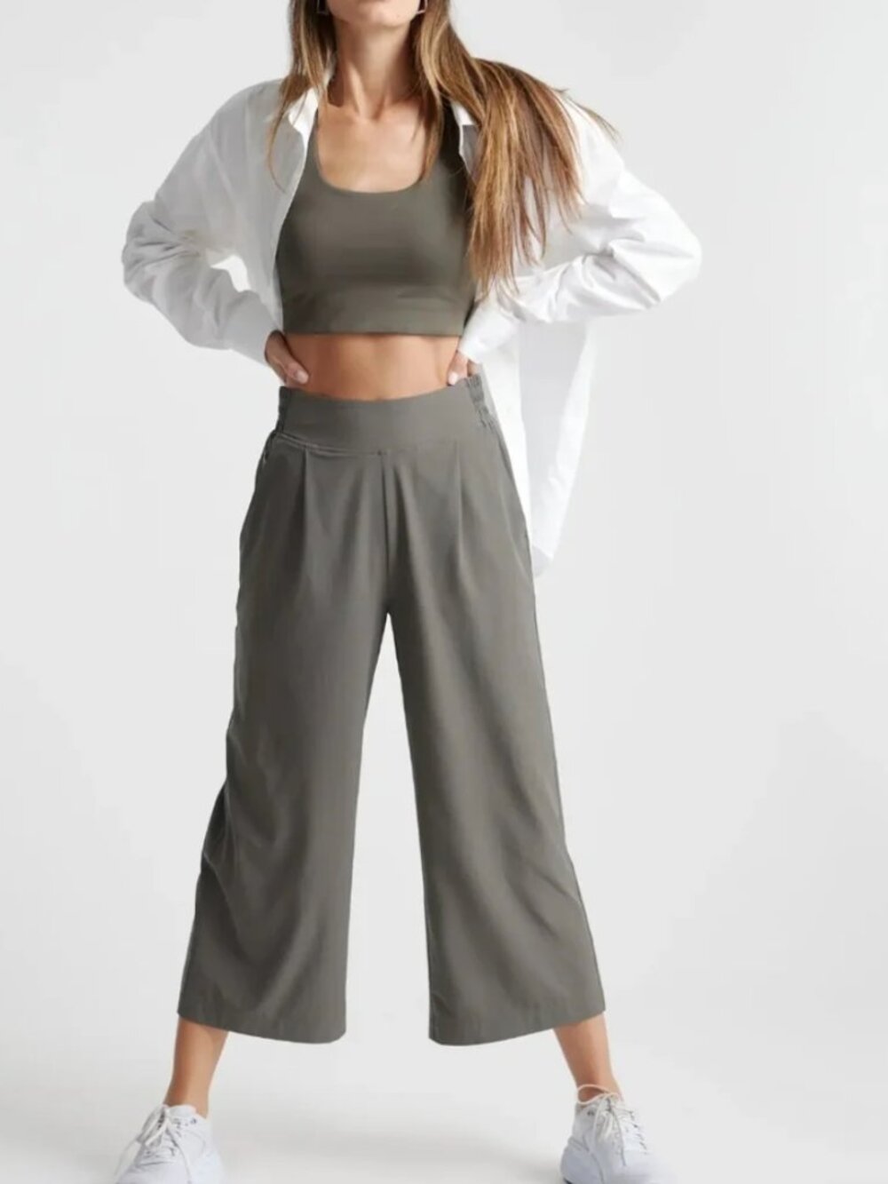 Quince Performance Tech Wide Leg Crop Pants Olive Green Medium